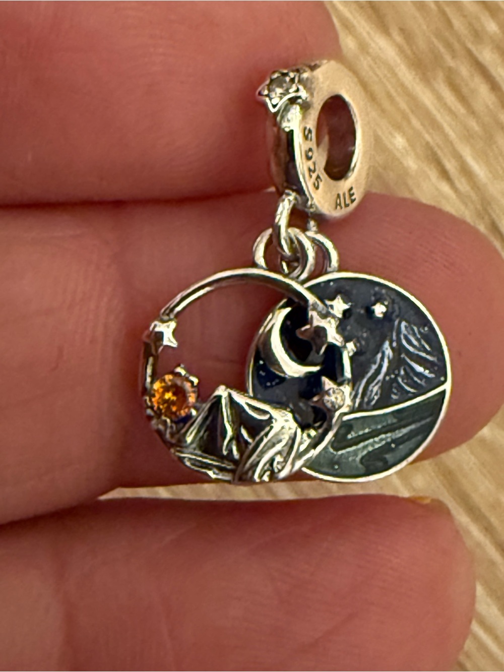 Pandora Silver Mountain Moon Dangle Charm with Orange Crystal
